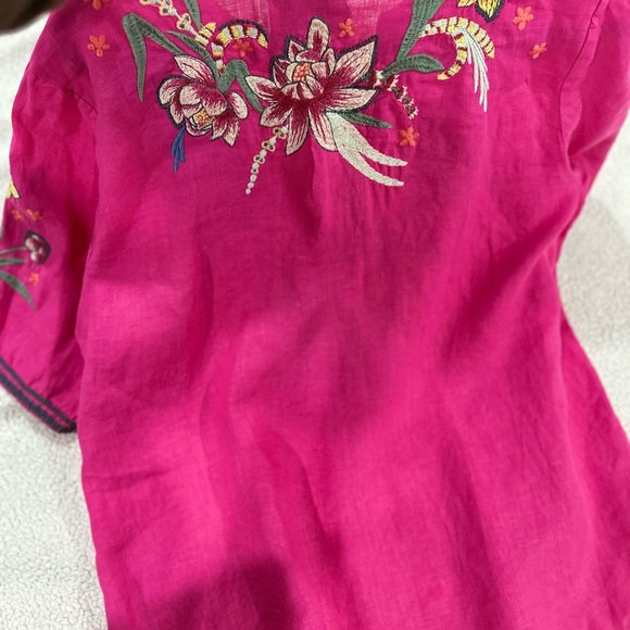 JOHNNY WAS Embroidered Linen Magenta Bohemian Shabby Chic Tunic Top SZ L - Picture 8 of 9